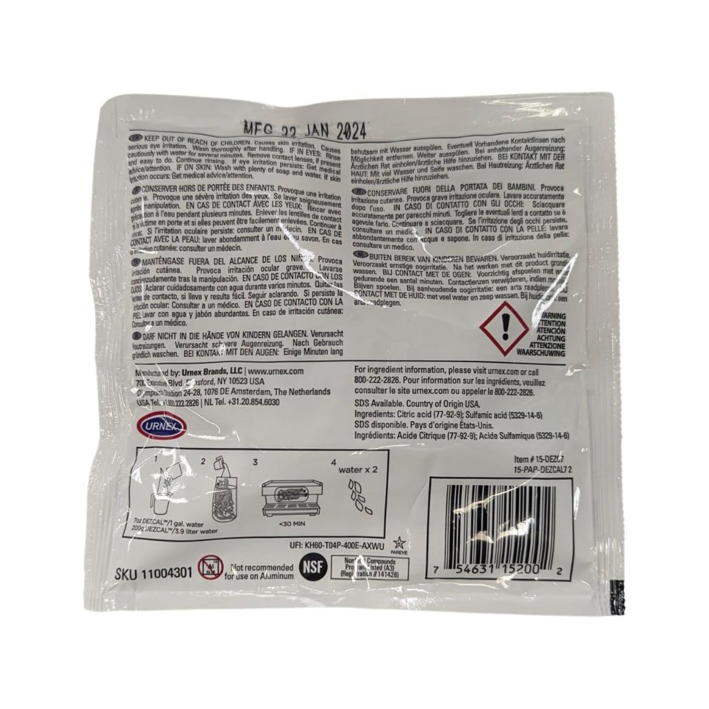 Back view of a DEZCAL packaging with text and logos on a white background