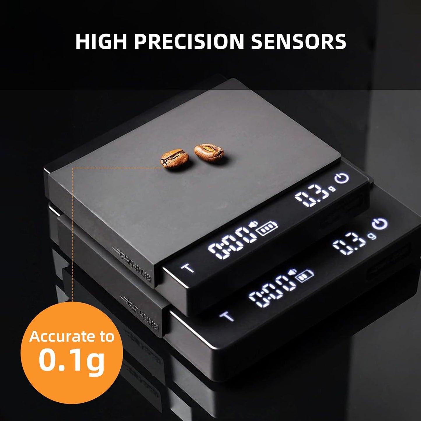 Digital coffee scale with high precision sensors and coffee beans on a black background