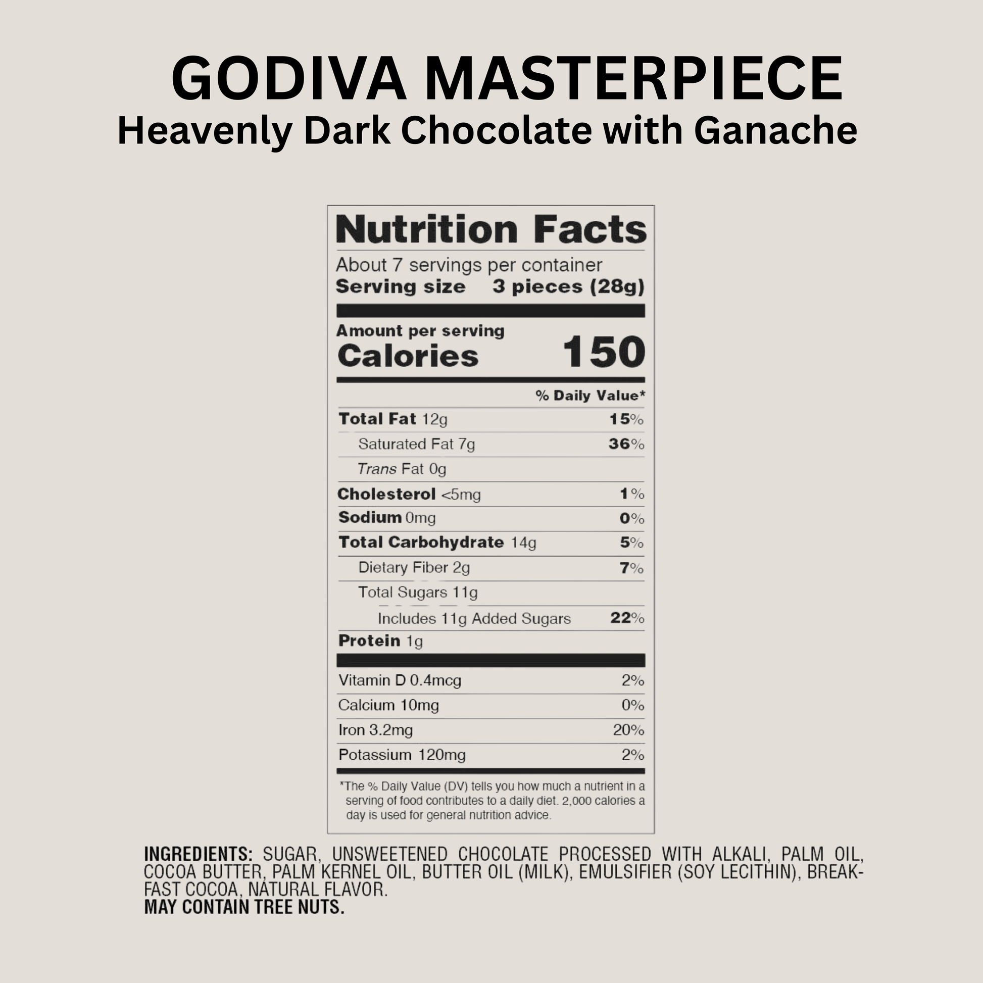 Nutrition facts label for Godiva Masterpiece Heavenly Dark Chocolate with Ganache on a white background.
