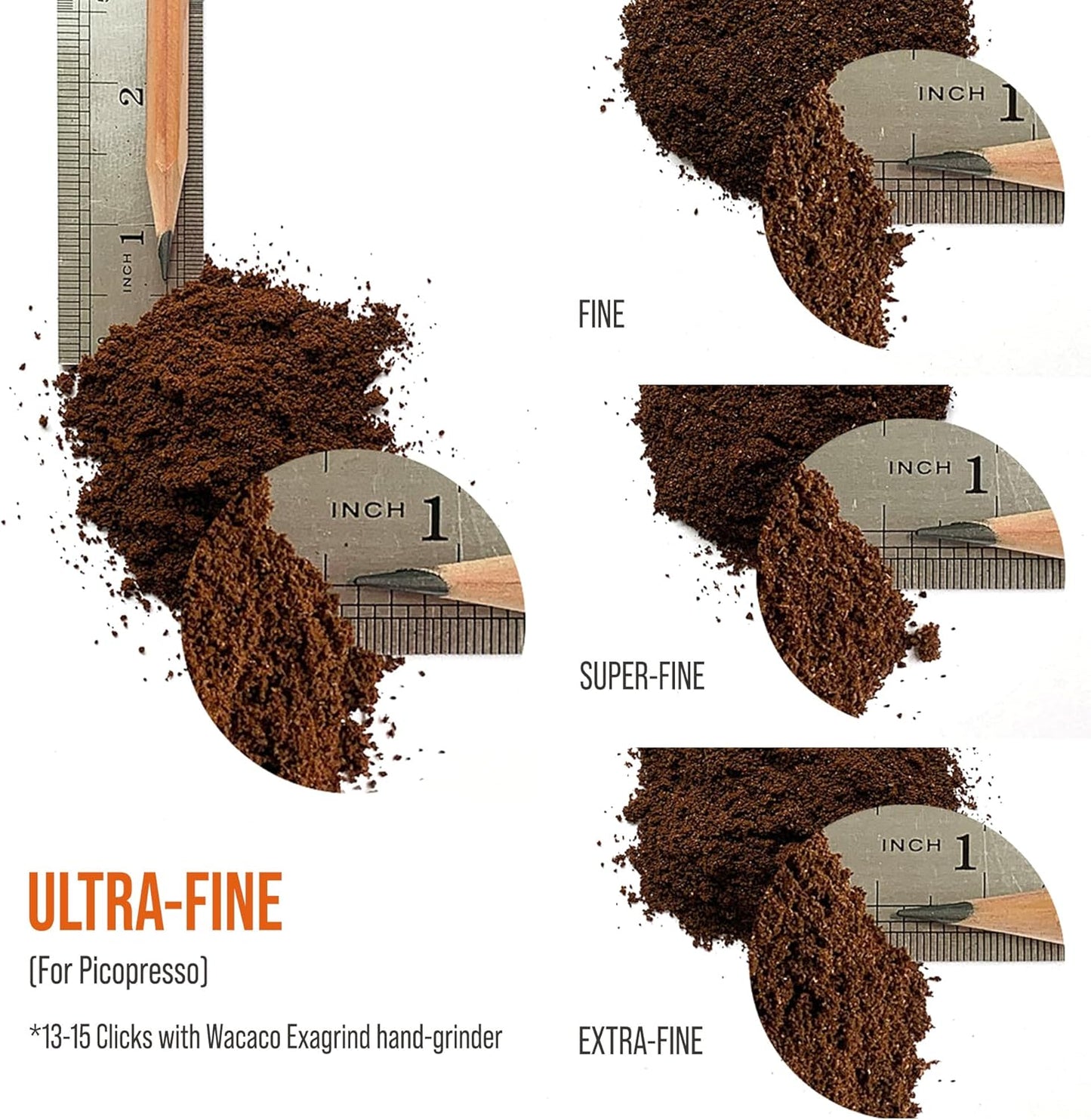 Comparison of coffee grounds at different fineness levels with a ruler for scale.