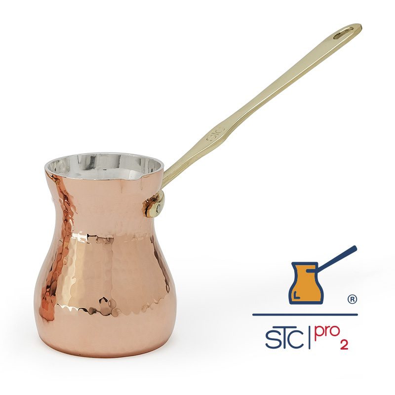 Copper coffee pot with a long handle on a white background, featuring the STC pro2 logo.