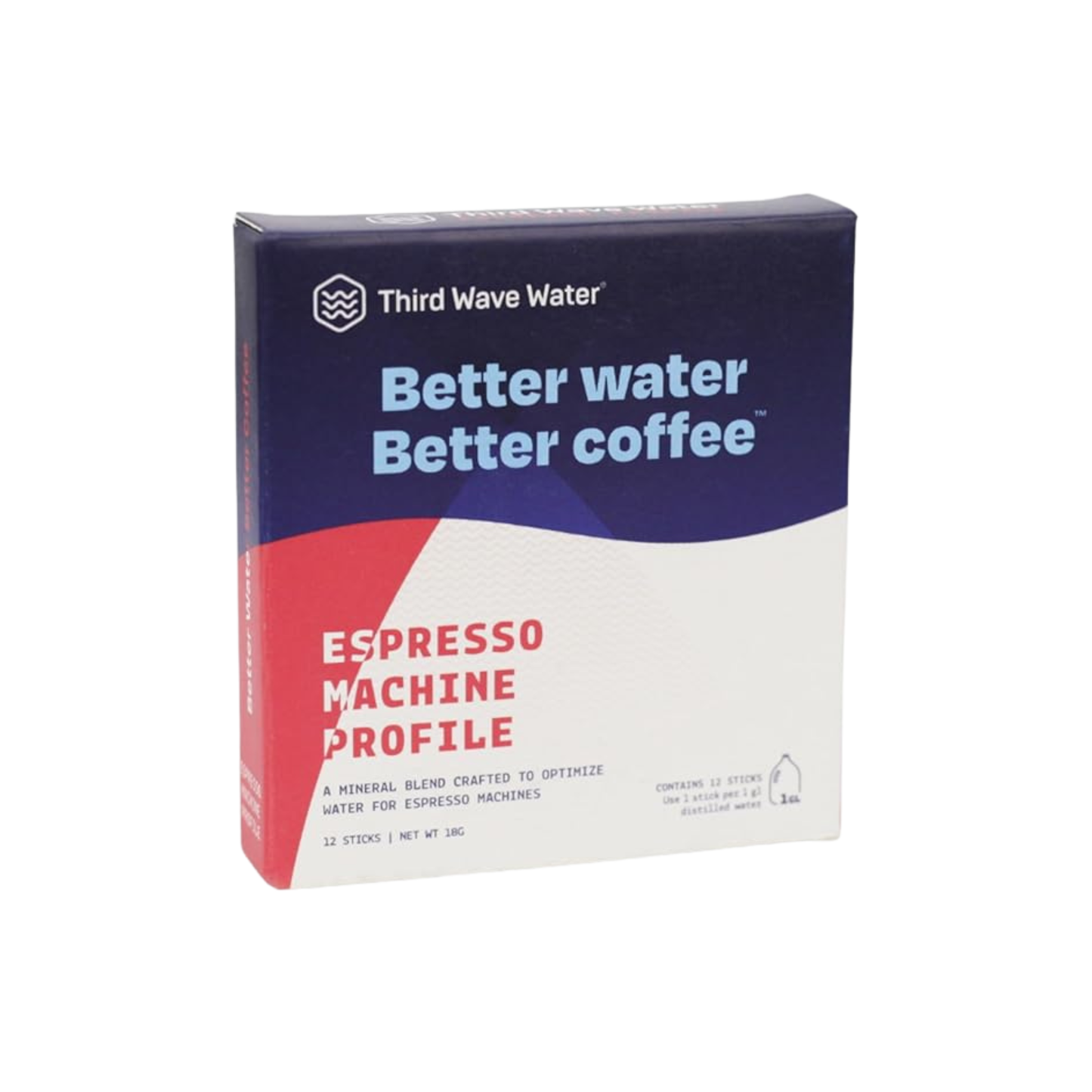Third Wave Water packaging for espresso machine profile on a white background