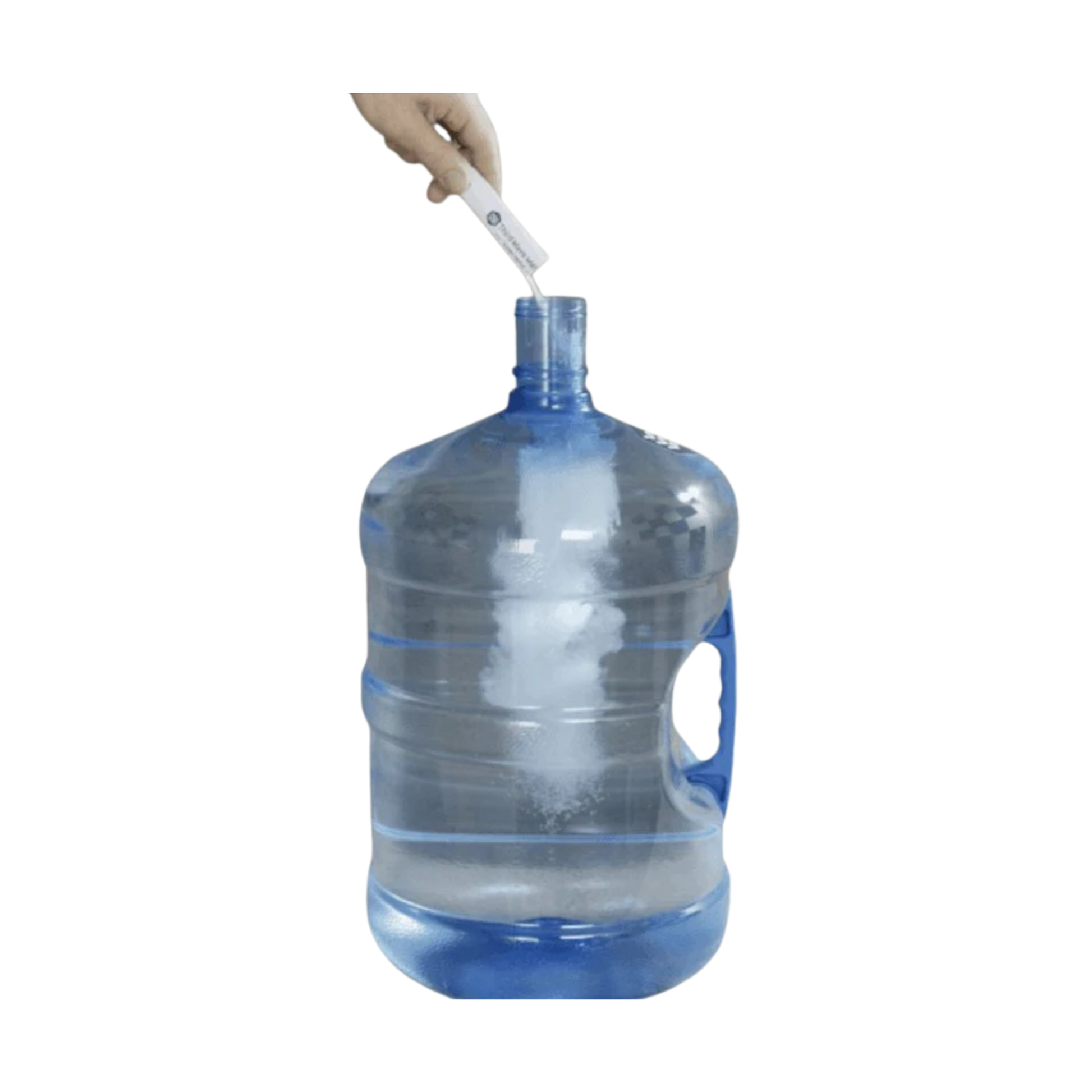 Person pouring water from a large blue water bottle into a smaller container on a white background