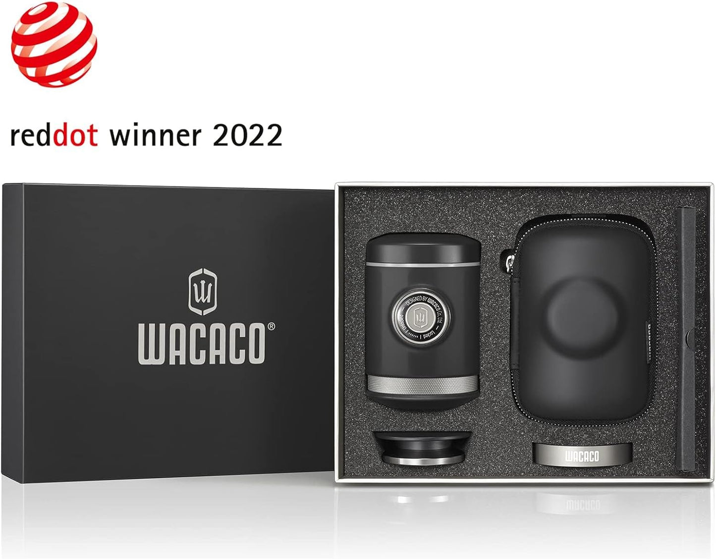 WACACO coffee brewing device set with WACACO logo and reddot award text on a white background