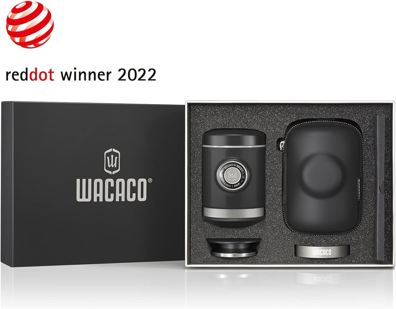 WACACO coffee brewing device set with WACACO logo and reddot award text on a white background