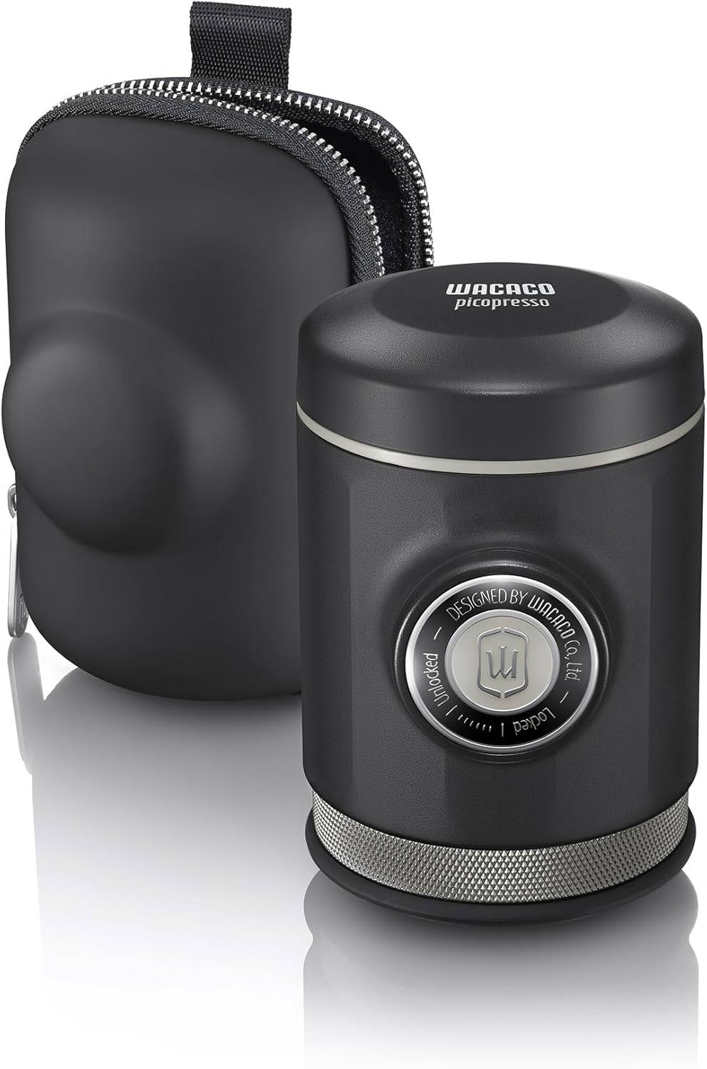 Black Wacaco Picopresso coffee press with carrying case on a white background